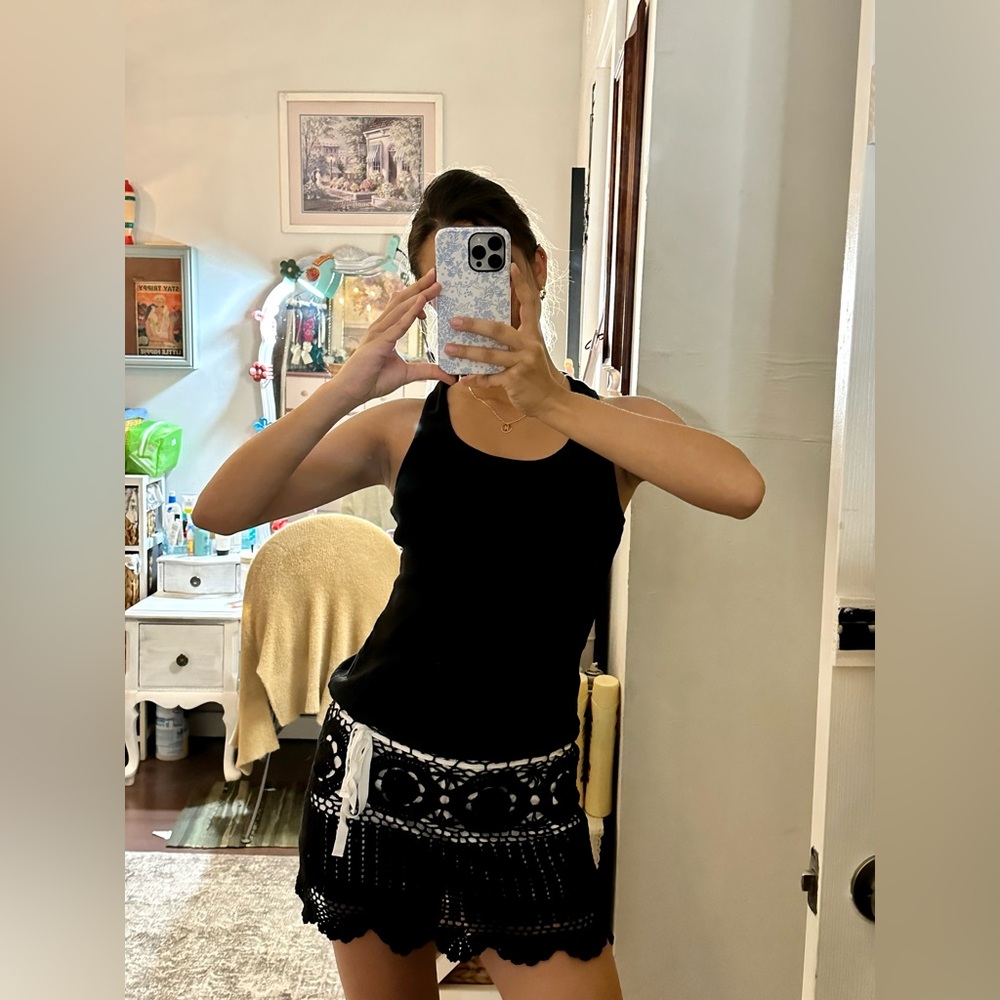 black vintage crochet mini dress